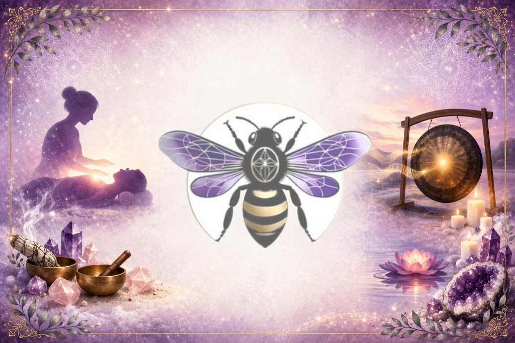 Stylized bee logo surrounded by spiritual imagery of energy healing, singing bowls, a gong, and crystals