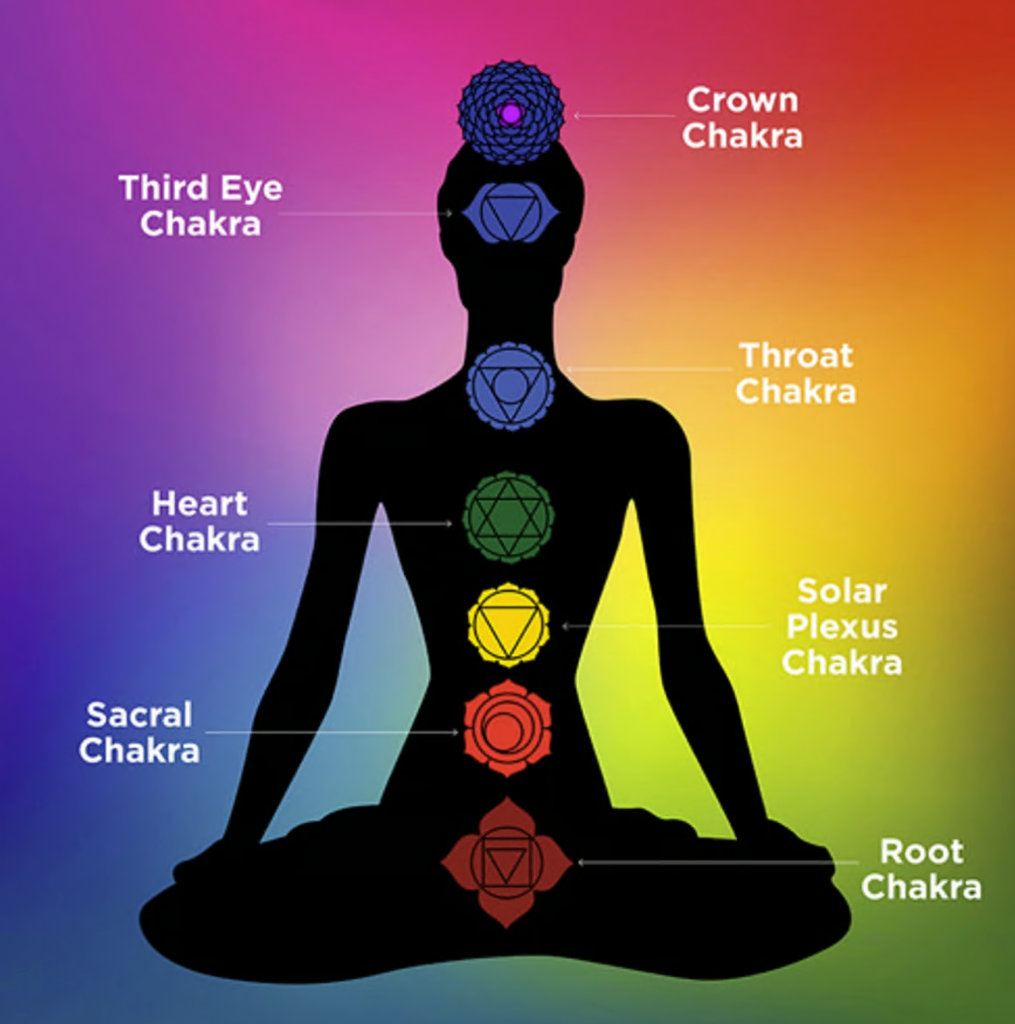 The seven chakras labeled on a human silhouette: Crown, Third Eye, Throat, Heart, Solar Plexus, Sacral, and Root