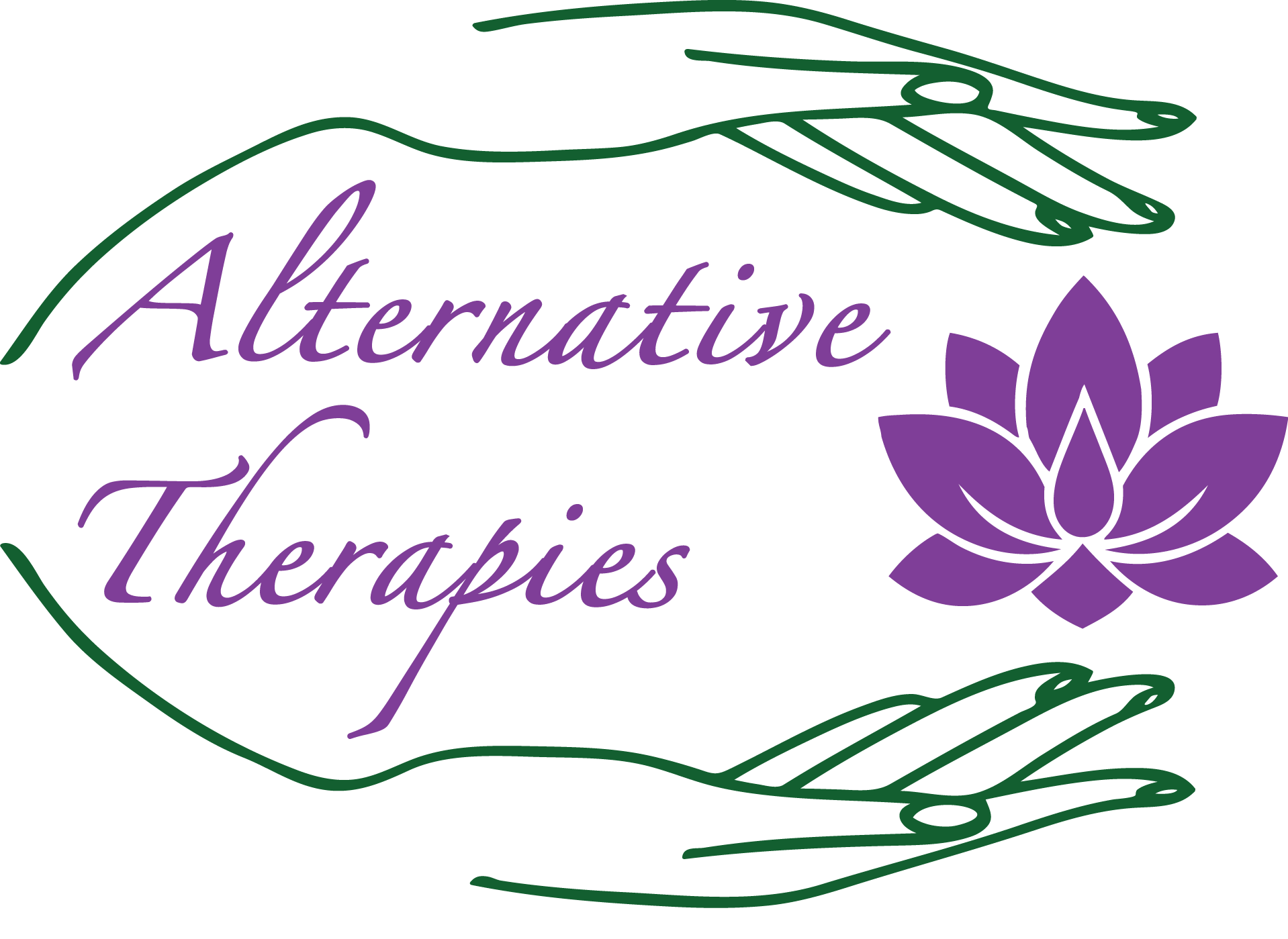 Alternative Therapies logo with green hands and a purple lotus flower